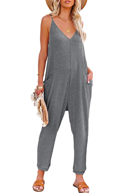 Grijze getextureerde mouwloze casual jumpsuit met V-hals en zakken