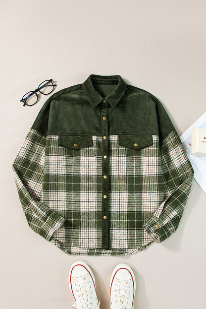 Blackish Green Snap Buttons Colorblock Plaid Shacket