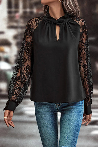 Black Keyhole Neckline Floral Lace Raglan Sleeve Blouse