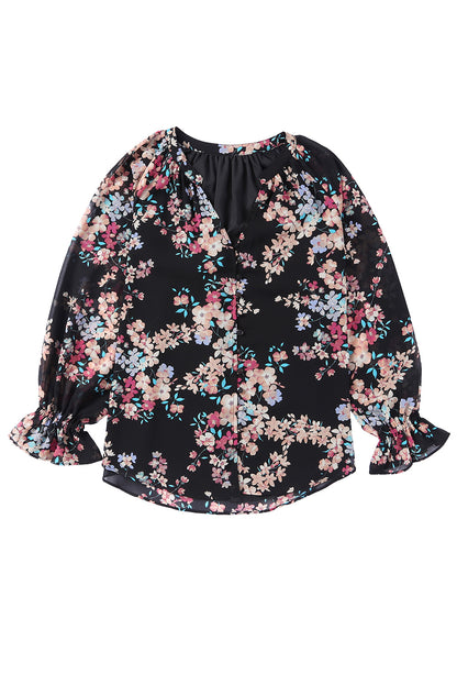 Zwarte chiffon blouse met wilde bloemenprint