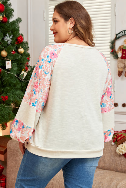 Abrikoos Plus Size Bloemen Patchwork Geribbelde Pofmouw Top