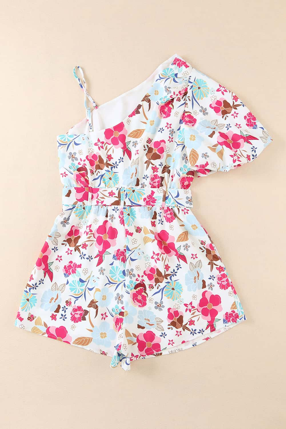 White Floral Single Bubble Sleeve Slant Shoulder Romper