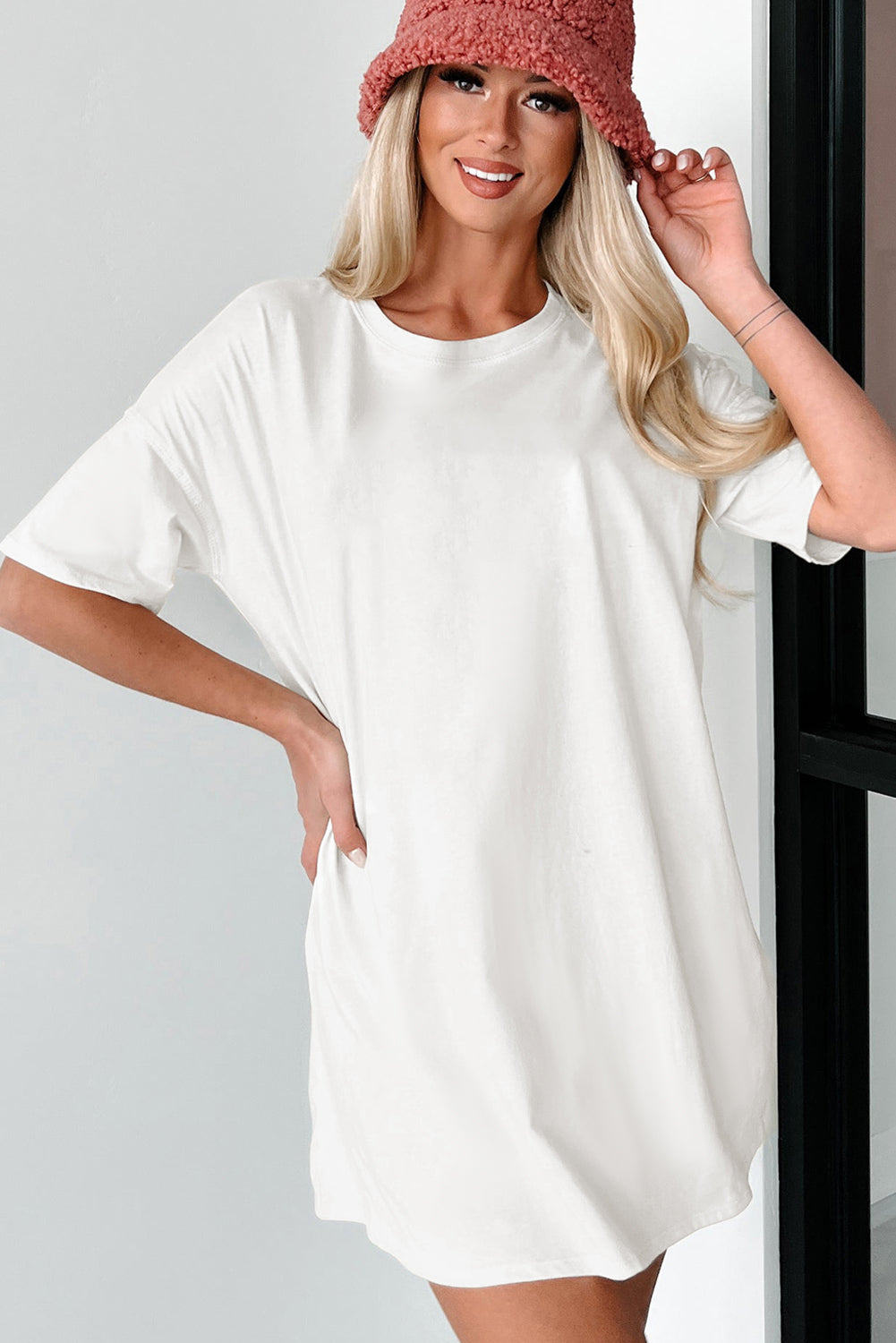 Wit effen kleur Basic tuniek T-shirt met ronde hals