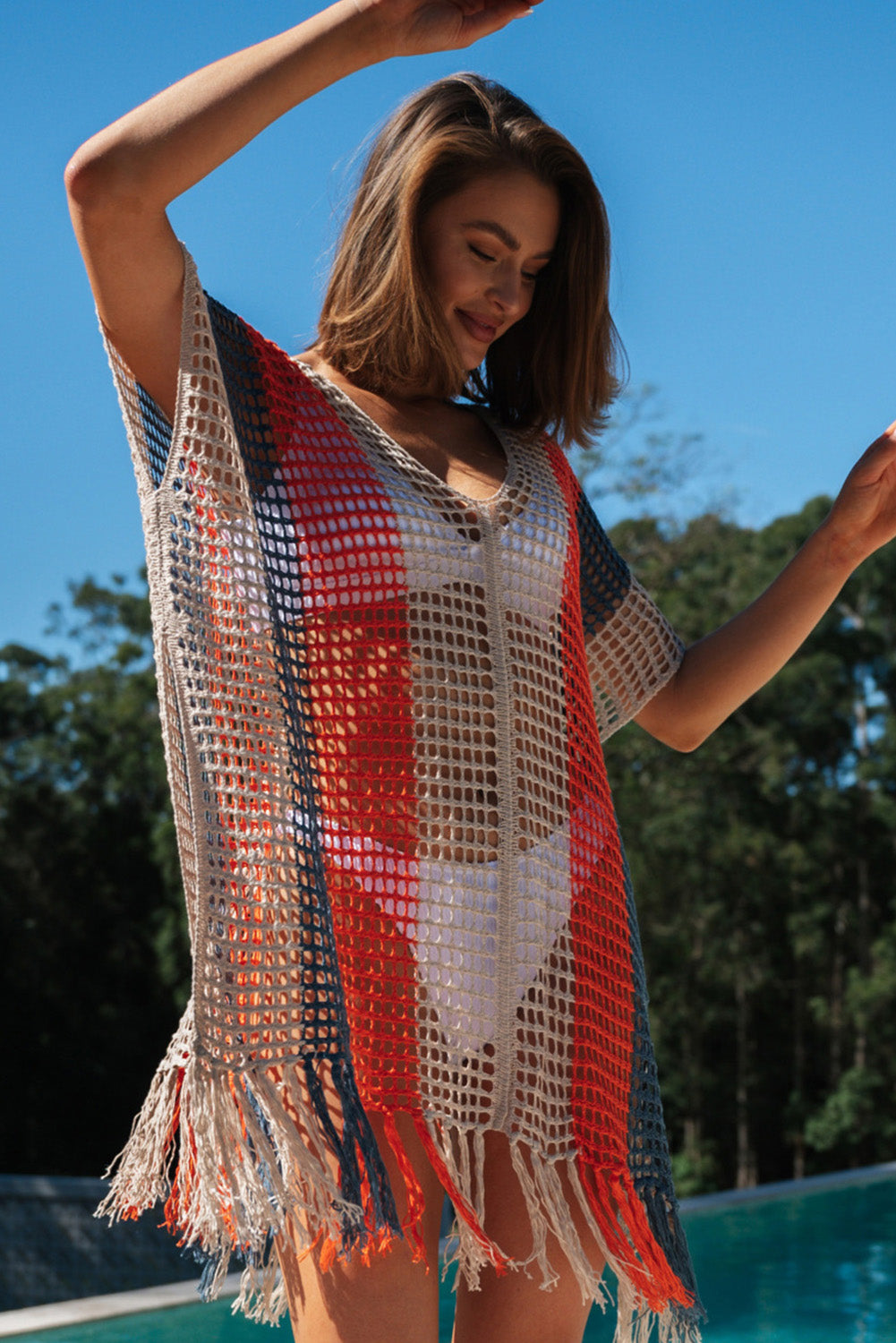 Multicolor Striped Tassel Crochet V Neck Beach Cover Up