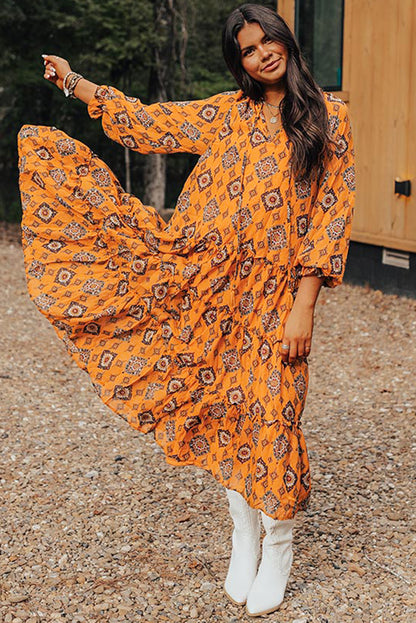 Oranje westerse geometrische print gelaagde frisdress los fit midi -jurk