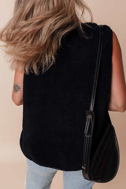 Zwart lederen contrast zijzakken geknoopt fleece vest