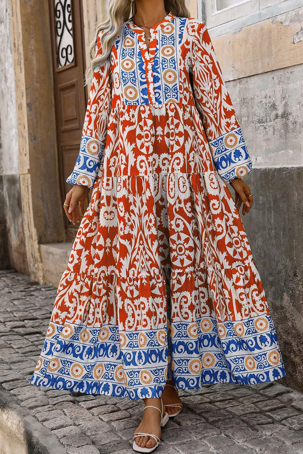 Oranje boho geometrische gedrukte maxi -jurk met lange mouwen