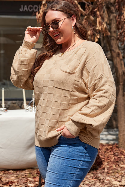 Licht Franse beige vaste geruite textureerde gebreide plus size trui