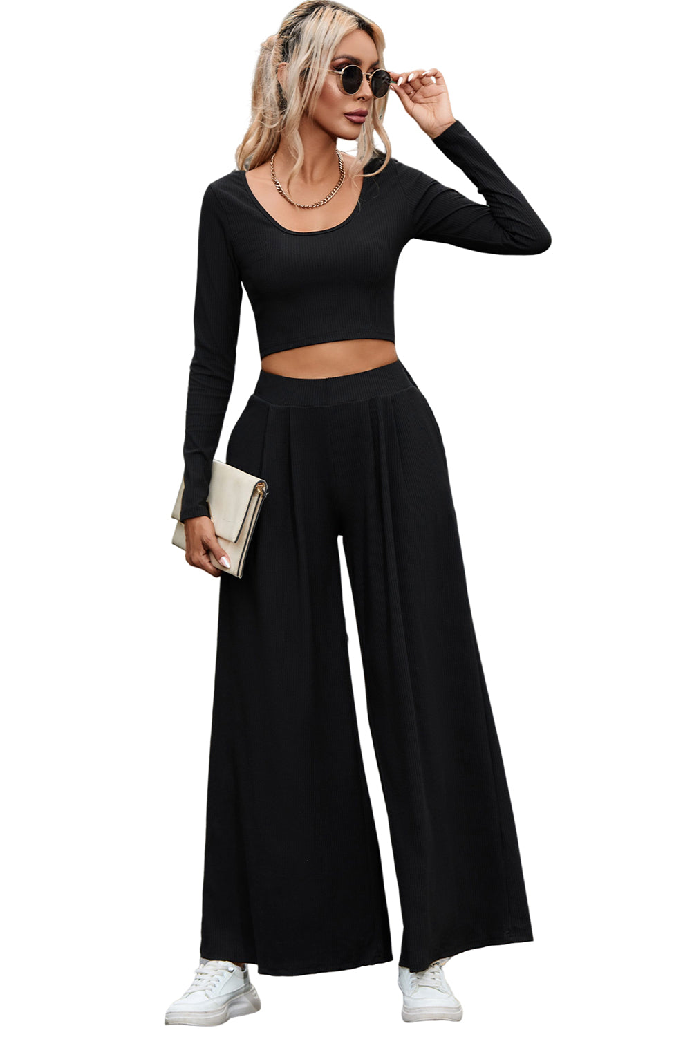 Zwarte effen kleur geribbelde crop top lange broek set