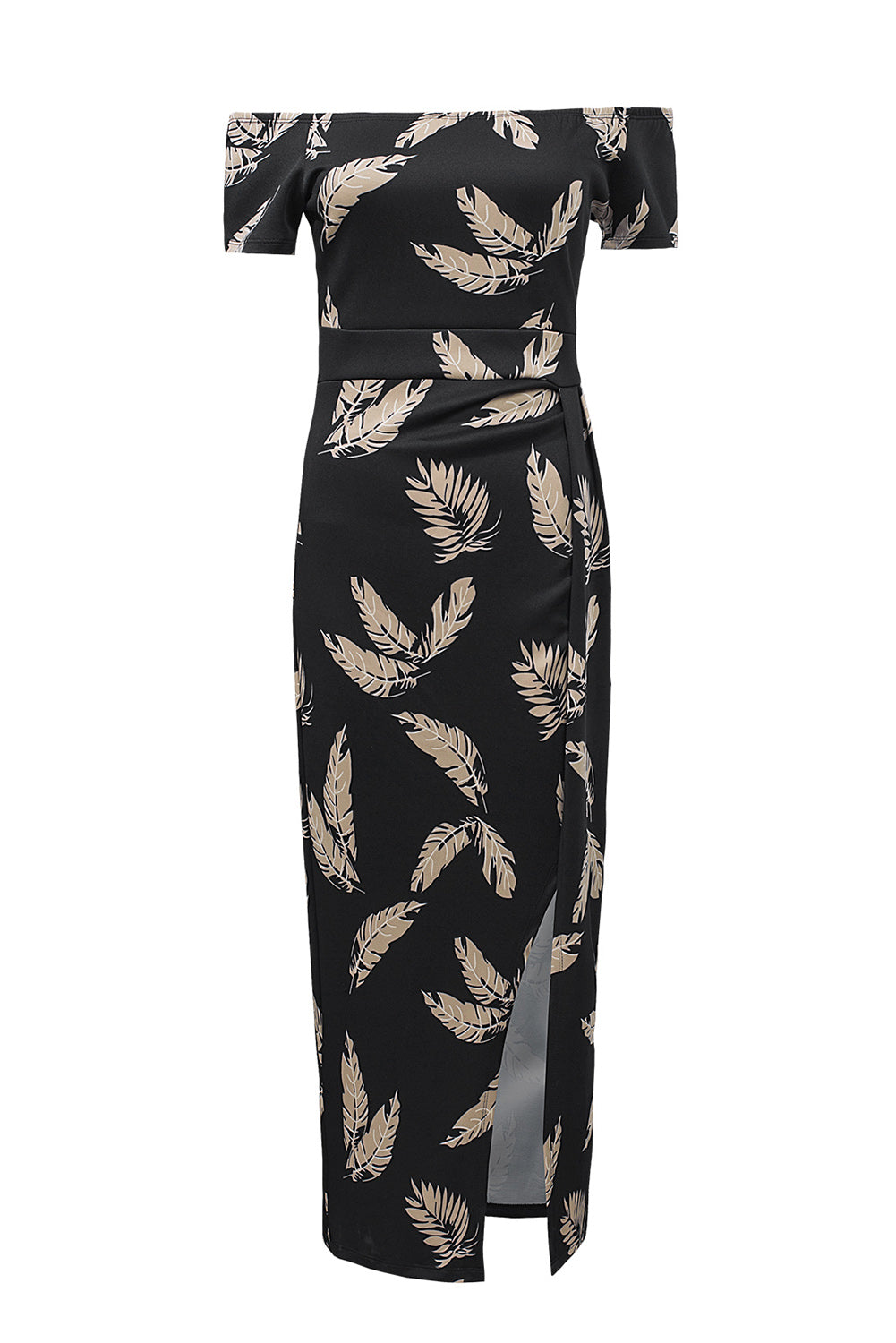 Zwarte bodycon midi-jurk met off-shoulder split en zwarte patroonprint