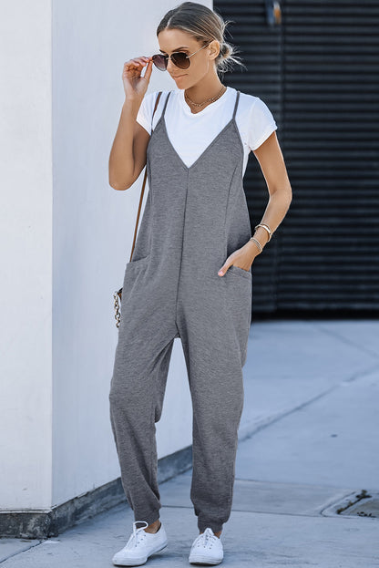 Grijze getextureerde mouwloze casual jumpsuit met V-hals en zakken