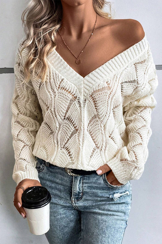 Beige Hollow Out Knit V Neck Drop Schouder trui