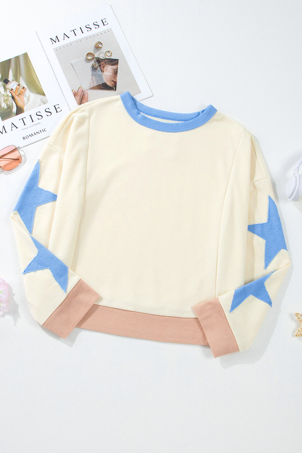 Beige Star Patchwork Oversized Sweatshirt met zichtbare naden