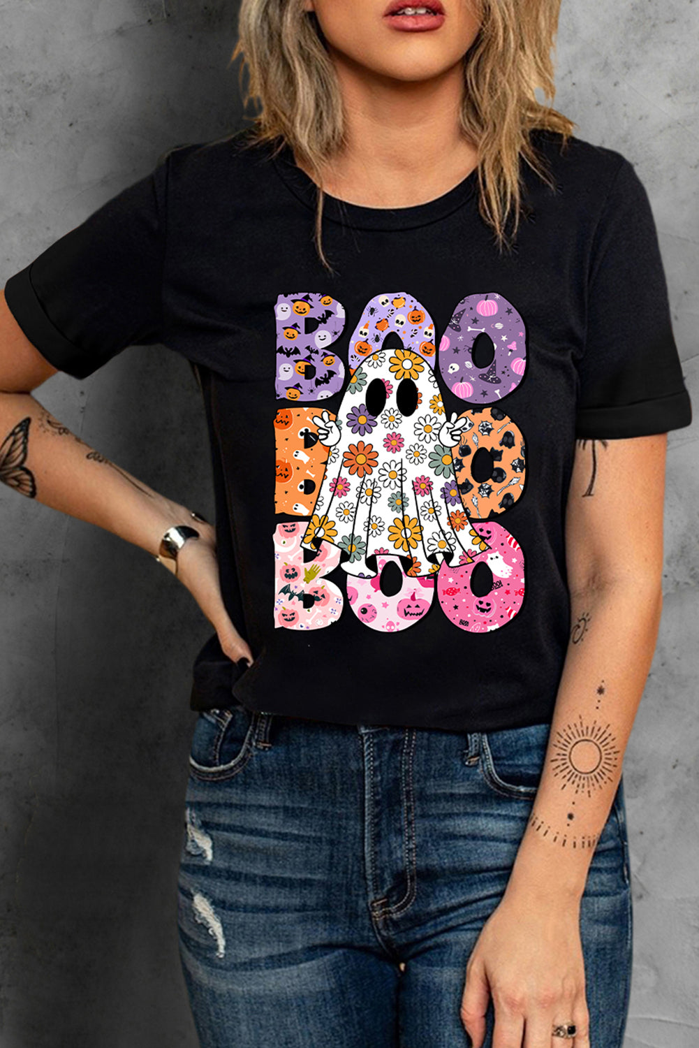 Black Boo Floral Ghost Print Crew Neck Halloween T -shirt