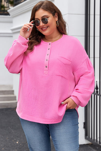 Bonbon Half Buttons Borstzak Drop Sleeve Plus Size Top