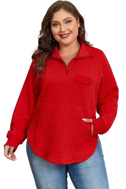 Tomatenrode kabel textuur kwartier zip zak met plus size pullover