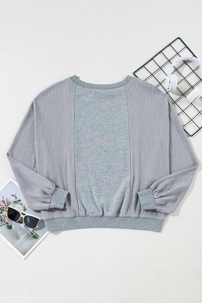 Light Grey Waffle Patchwork Long Sleeve Raw Hem Pullover Top