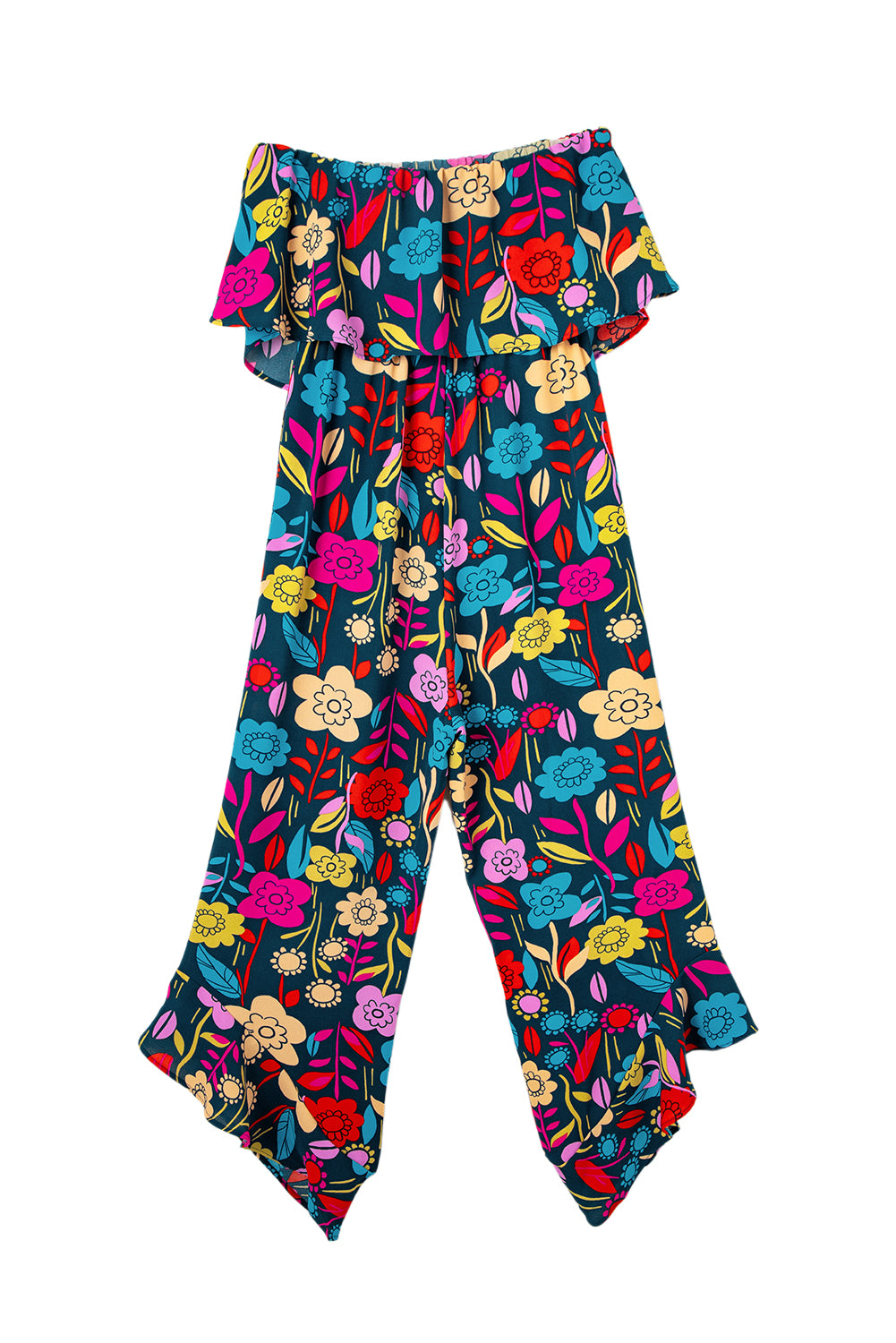 Roodmix strapless jumpsuit met ruches en tropische print