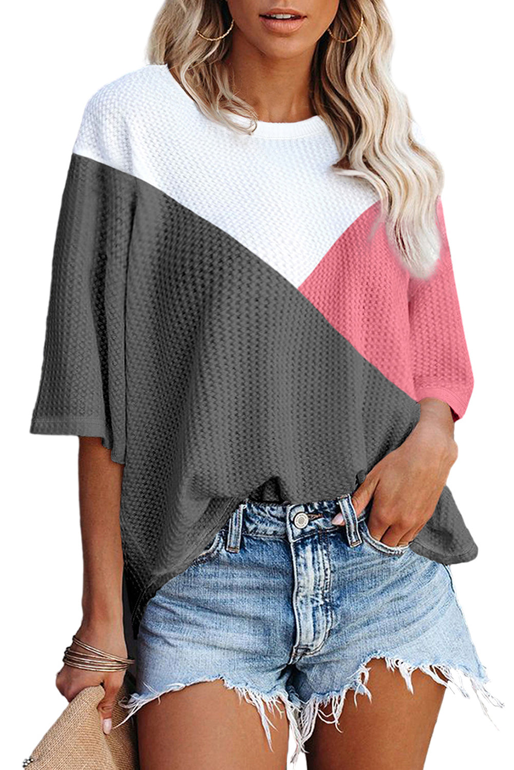 Aardbeienroze colorblock wafelgebreid T-shirt met halve mouwen