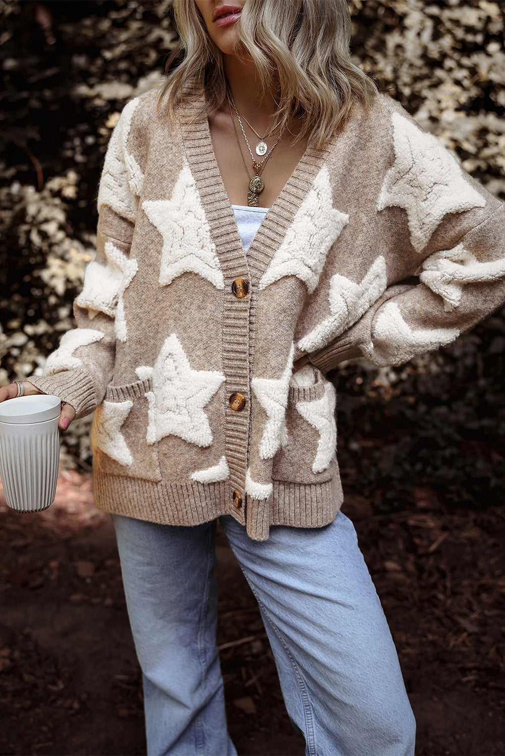 Khaki Sherpa Star Pattern Textured Sweater Cardigan with Pockets