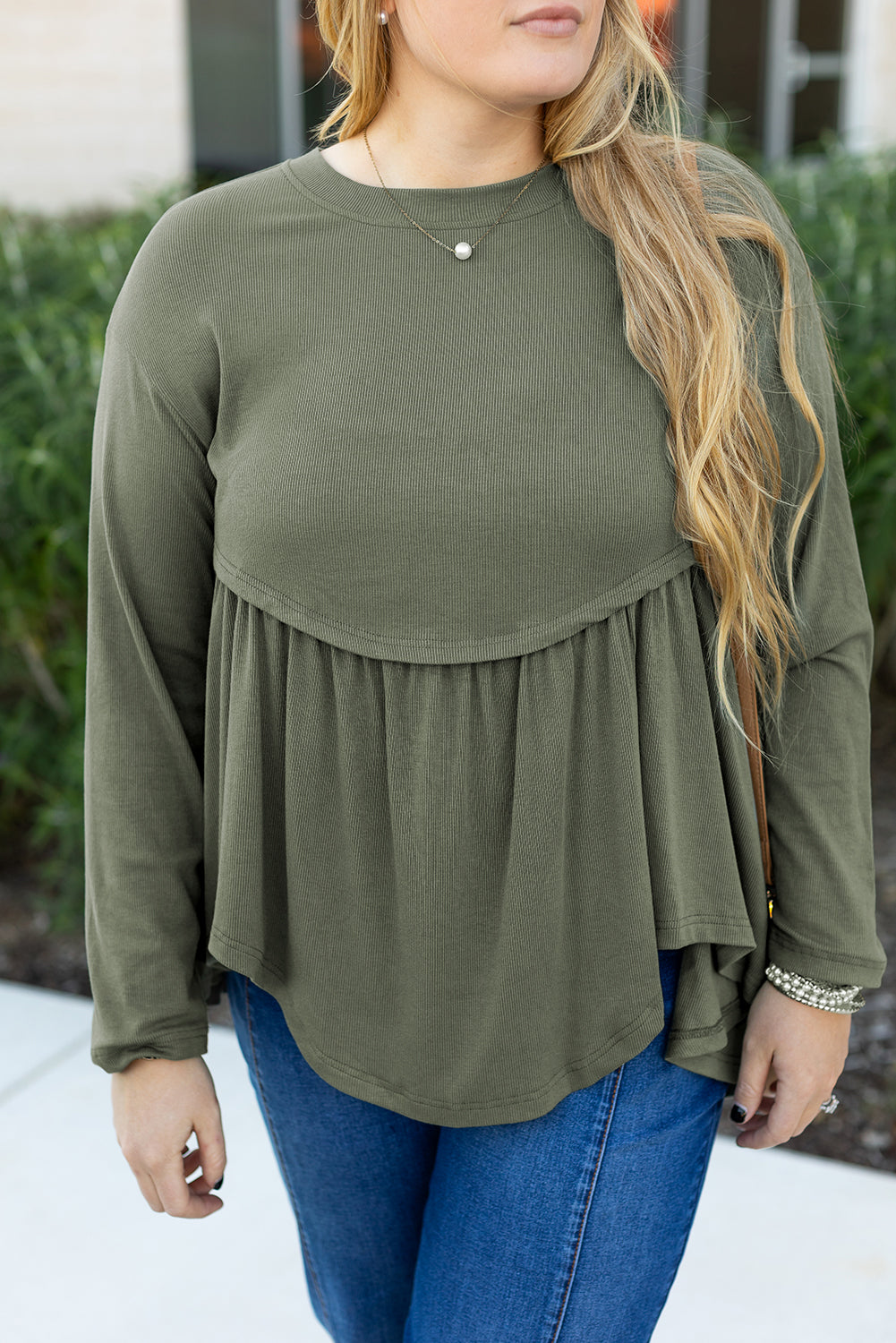 Mist Green Plus -size thermisch gebreide babydoll flare top