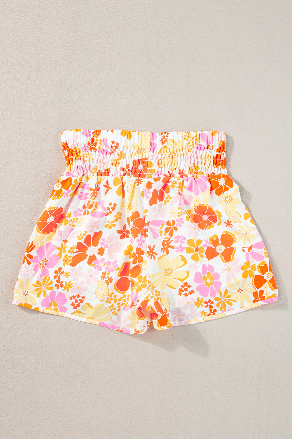 Orange Boho Floral Shirred High Waist Casual Shorts