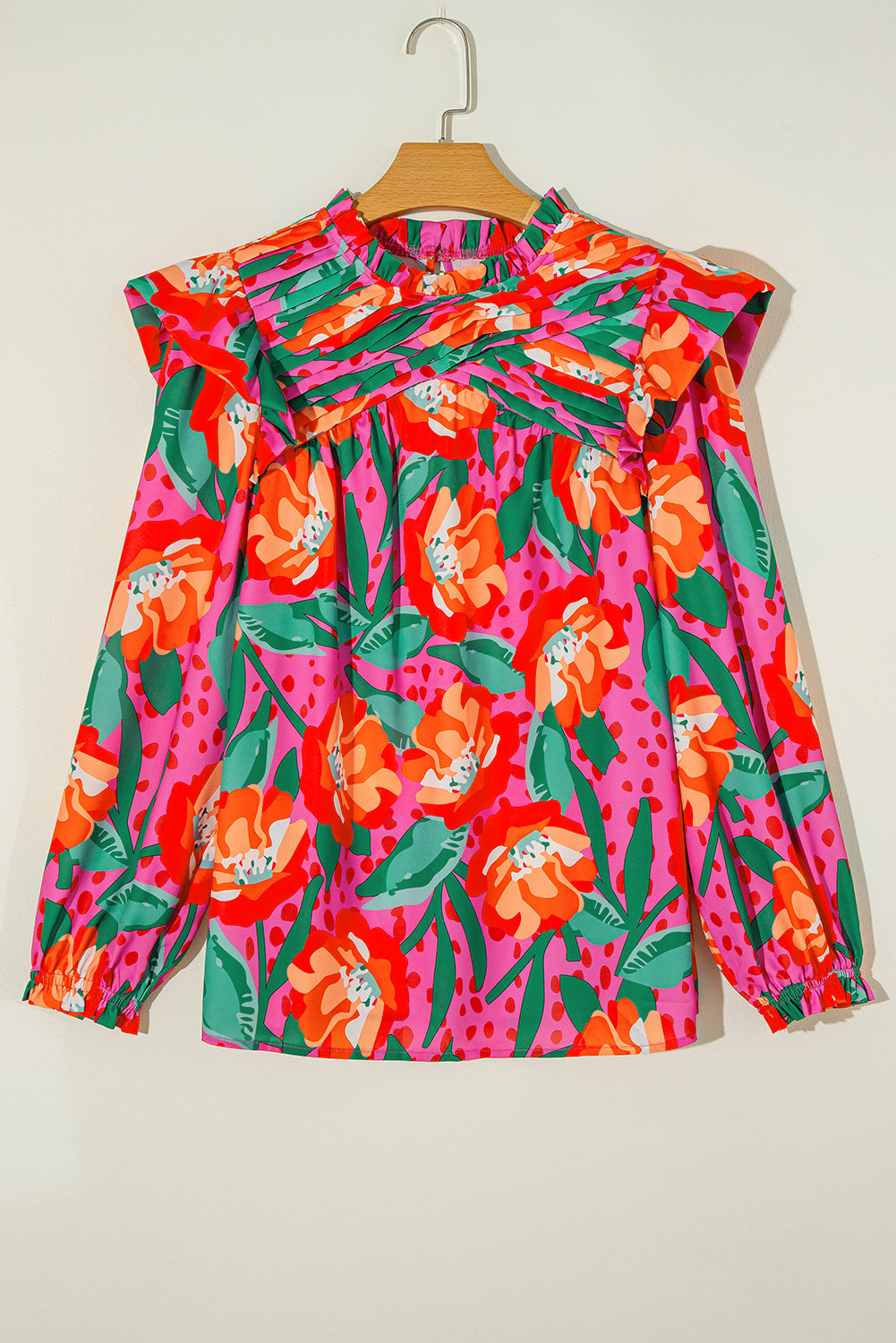 Roze bloemenprint geplooide ruches O-hals plus maat blouse