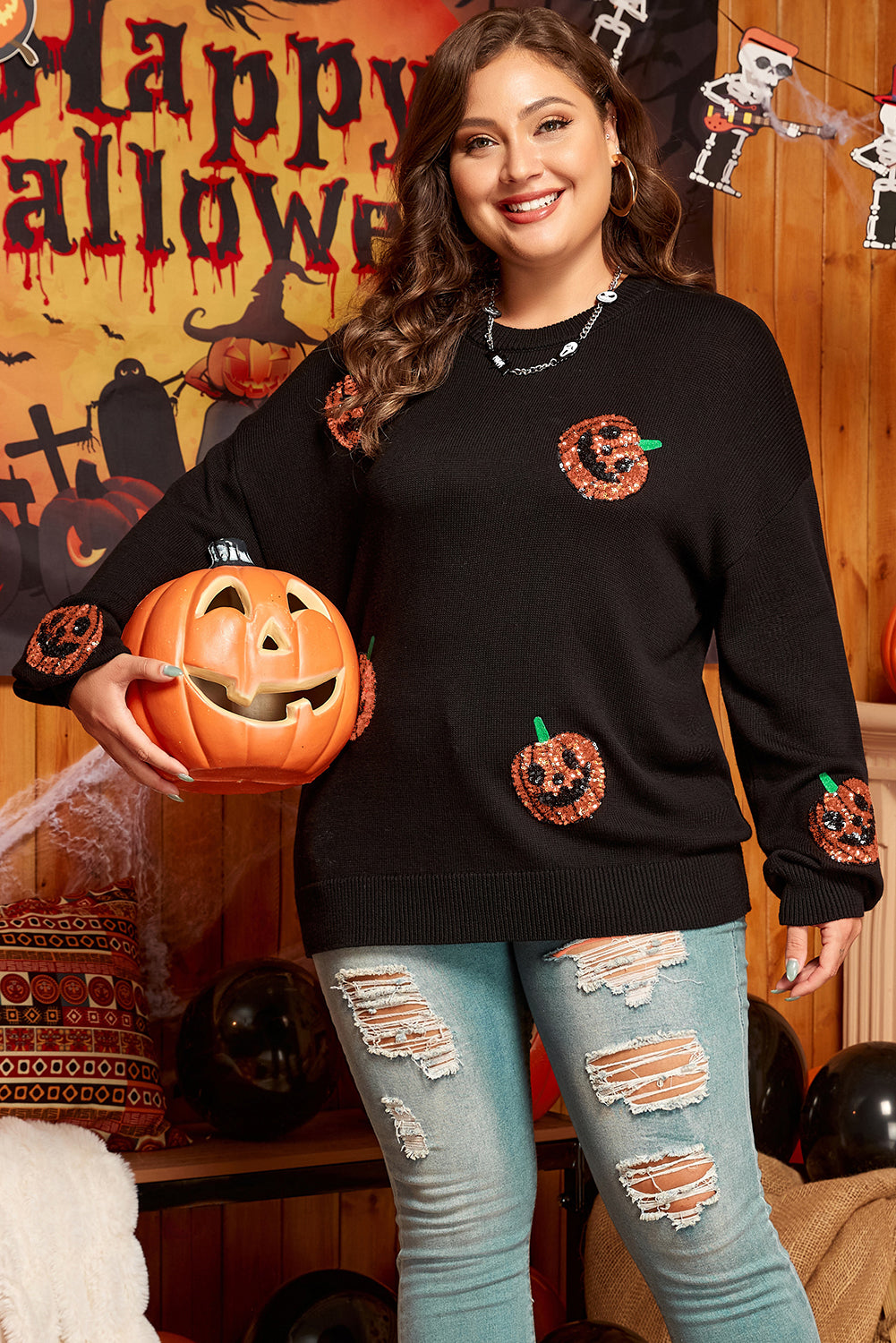 Zwart plus size Halloween -lovertjes pompoenpatroon trui