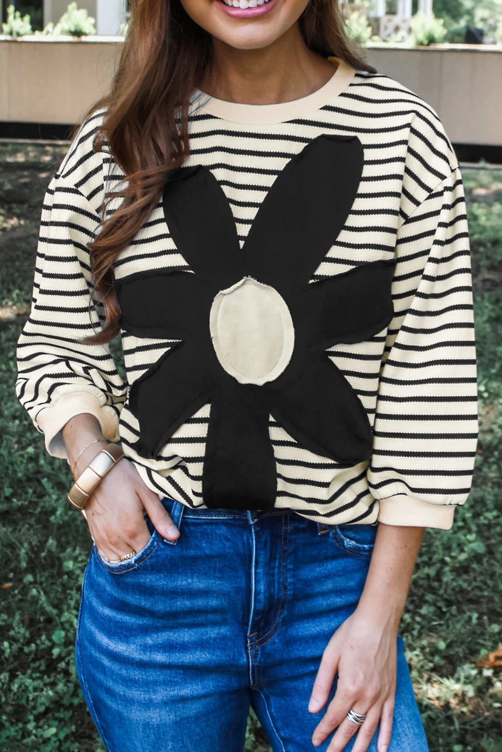 Black white Striped Big Flower Patched 3/4 Sleeve Top