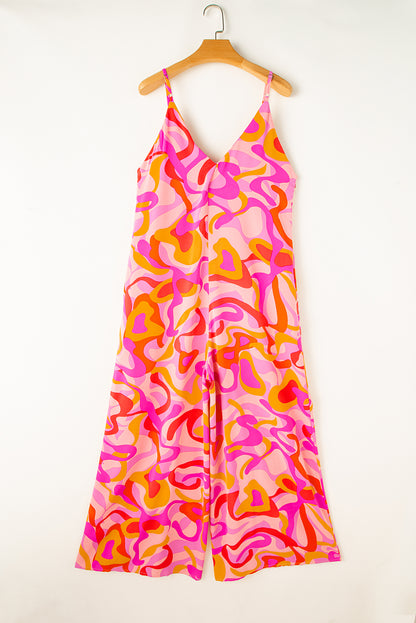 Roze Boho abstracte print V-hals jumpsuit met wijde pijpen