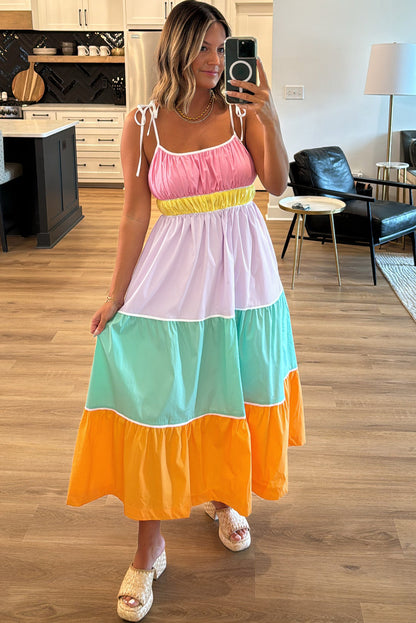 Multicolour colorblock zelfblokken riemen hoge taille flowy maxi-jurk met zakken