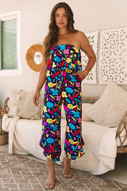 Roodmix strapless jumpsuit met ruches en tropische print