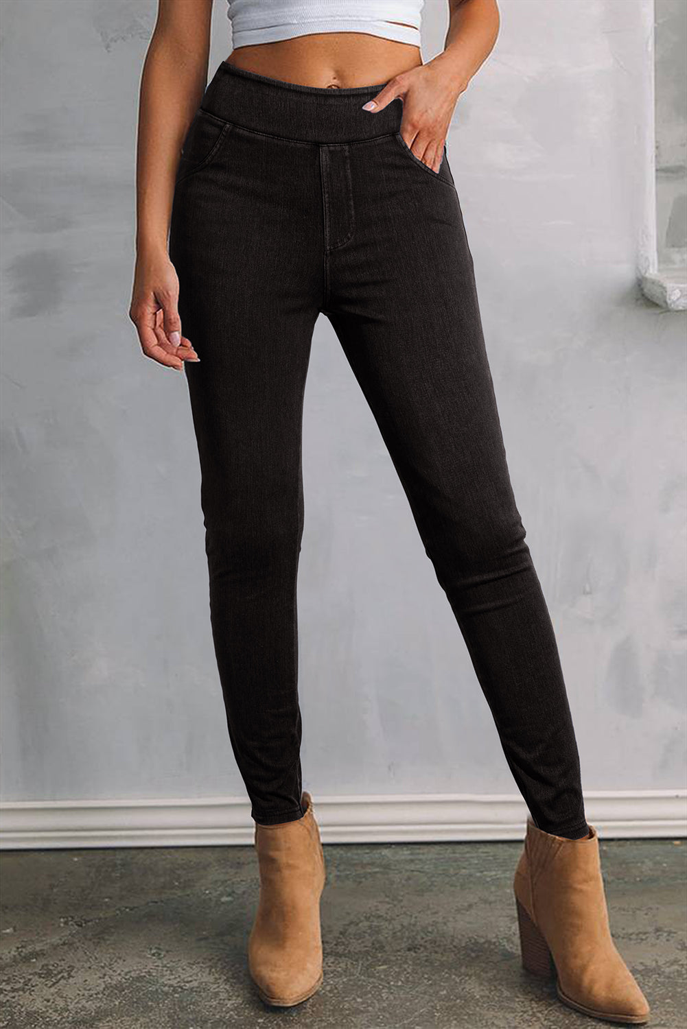 Ashleigh Blauwe Effen Kleur Hoge Taille Rekbare Slim Fit Jeggings