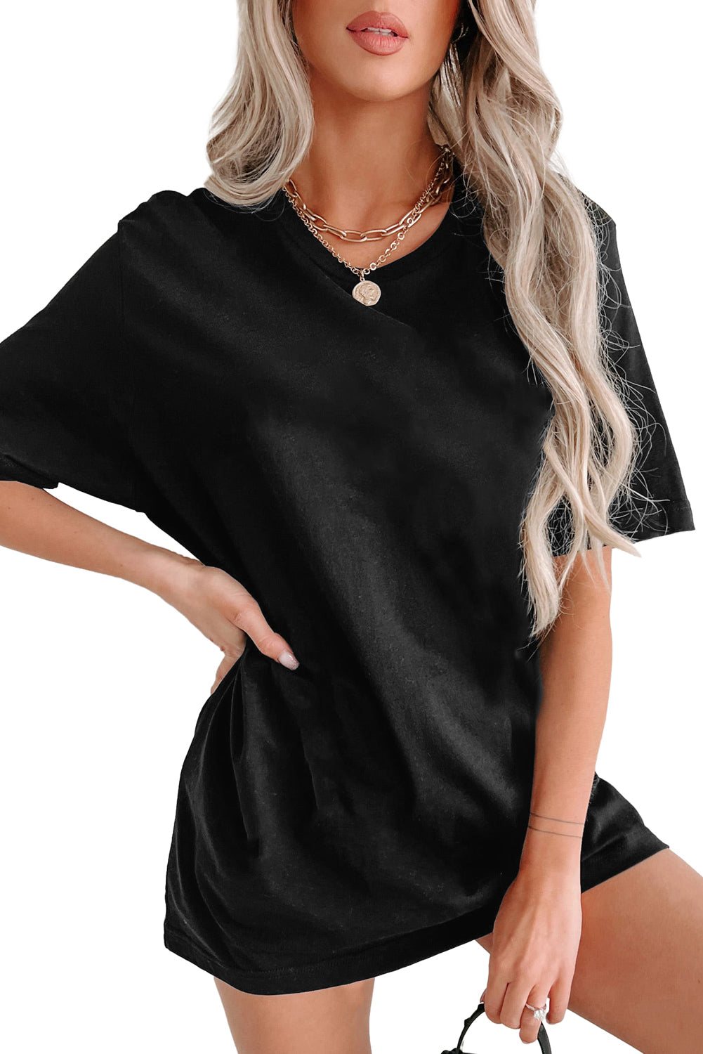 Zwart effen kleur Basic tuniek T-shirt met ronde hals