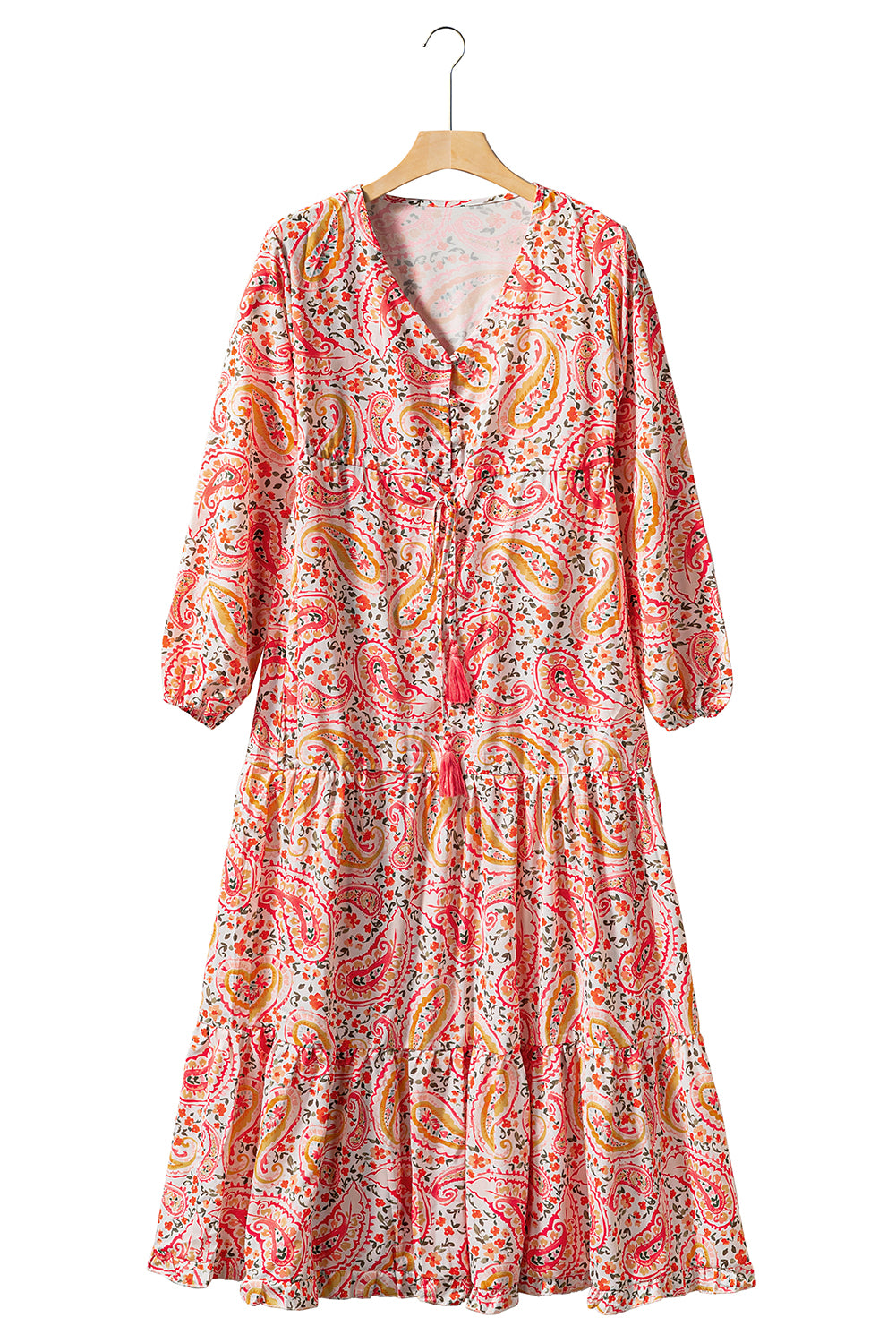 Oranje Boho Holiday Paisley-print gelaagde maxi-jurk met lange mouwen