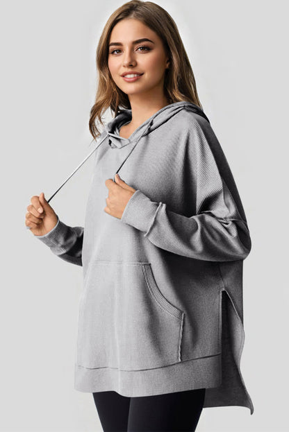 Grijze wafel gebreide fleece gevoerde high low oversized hoodie