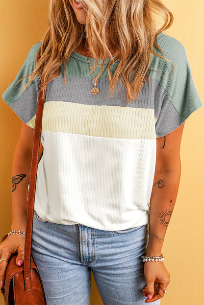 Moonlight Jade Ribbed Color Block Patchwork T-shirt