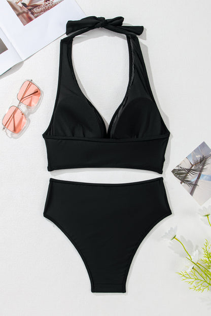 Zwart pure mesh omgeknipd halter v nek duw bikini op