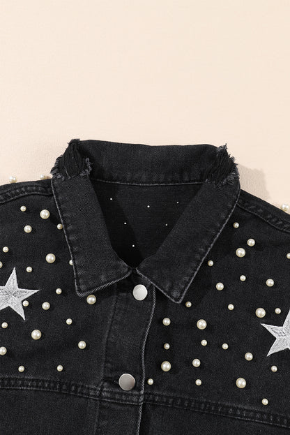 Zwart Distressed Pearls Star cropped spijkerjack