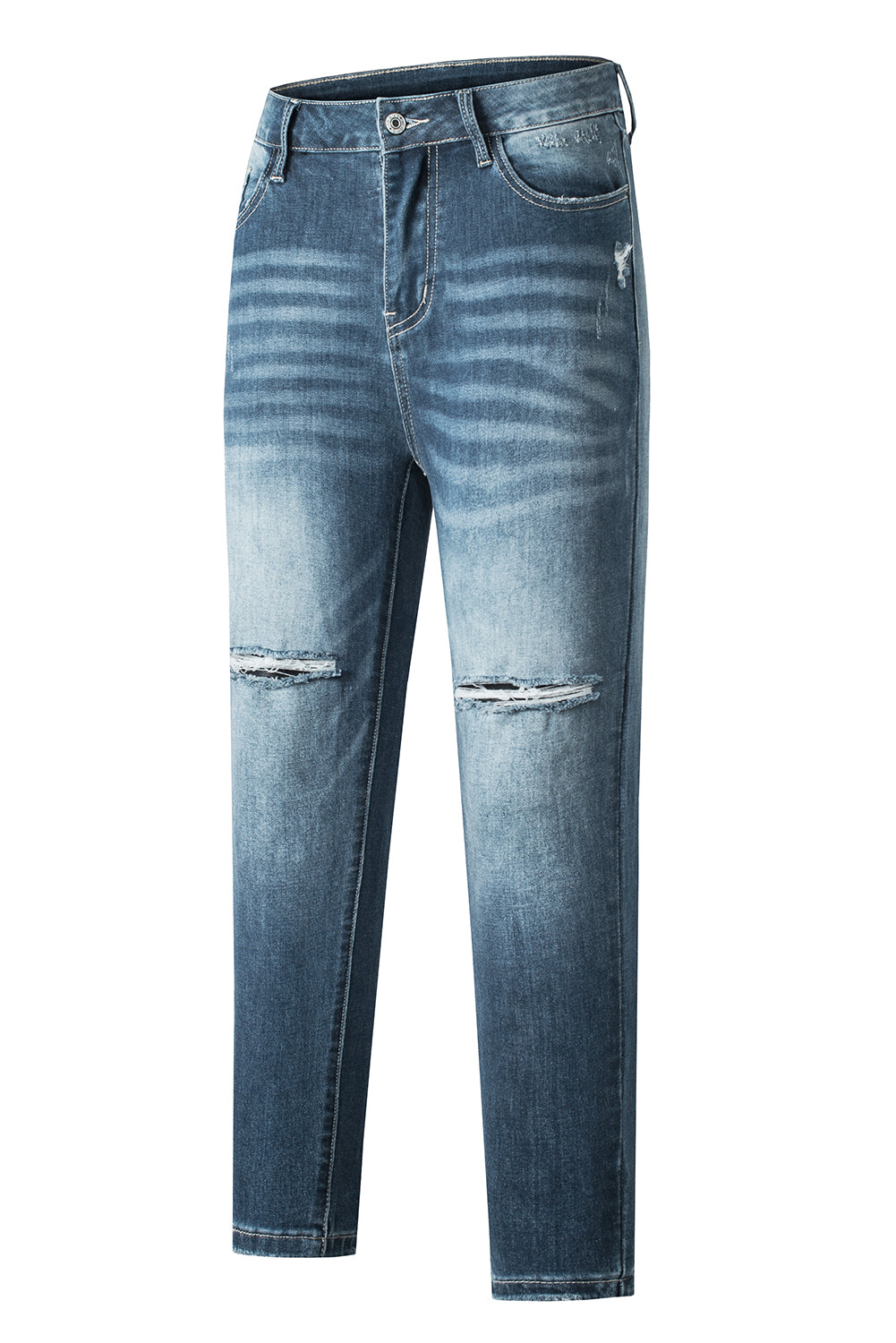 Blauwe noodlijdende gescheurde skinny jeans