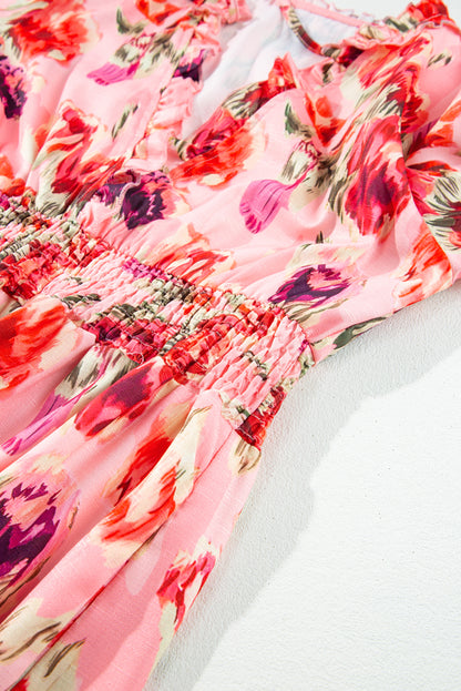 Roze gesmokte mini-jurk met hoge taille en abstracte print