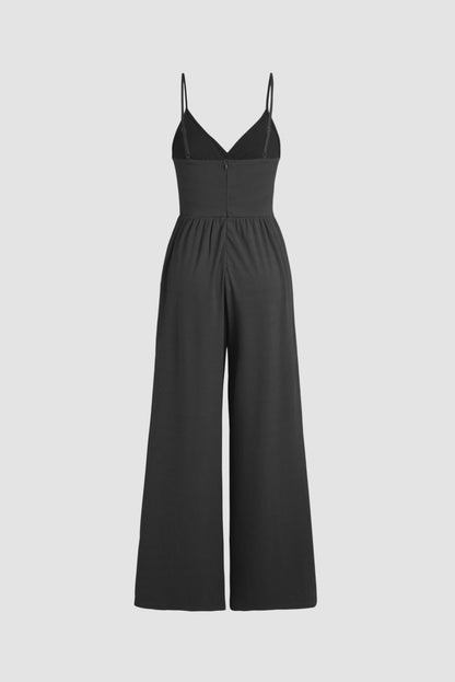 Zwarte Cami-jumpsuit met wijde pijpen, hoge taille, sexy v-hals 