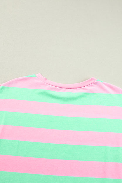 Roze gestreept los T-shirt met colorblock mouwen en manchetten