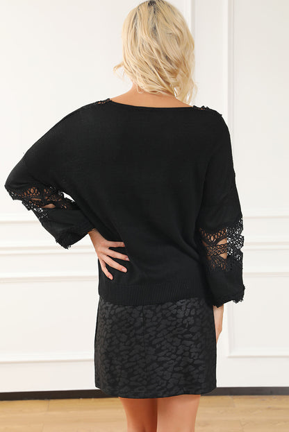 Black Hollowed Lace Splicing V Neck Loose Sweater