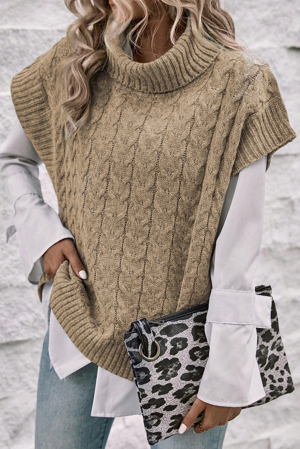 Light French Beige Cable Knit Turtleneck Batwing Sleeve Sweater