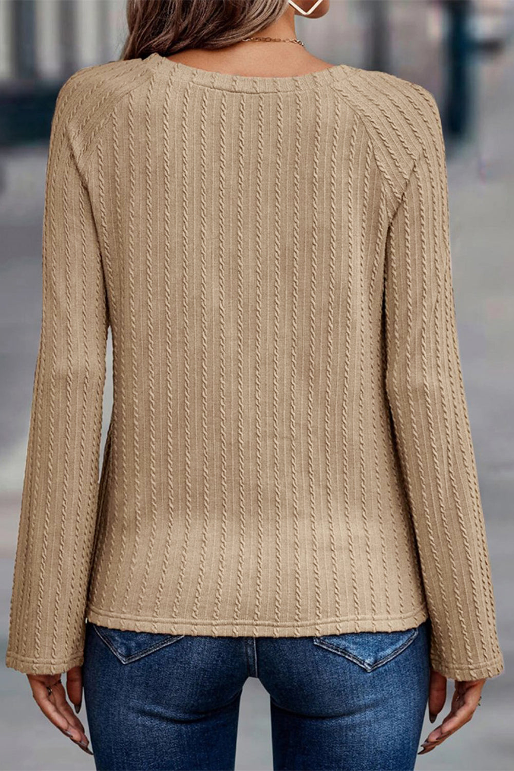 Khaki Ribbed Round Neck Knit Long Sleeve Top