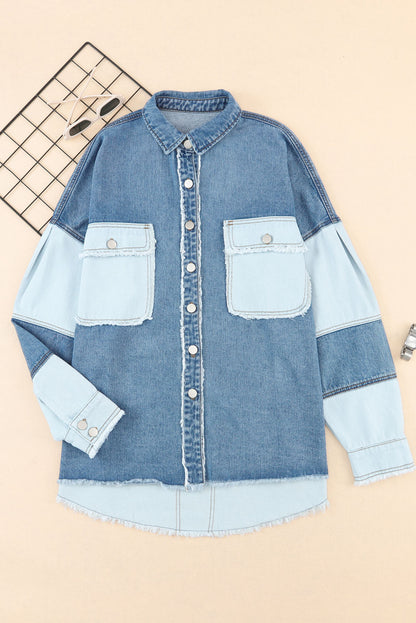 Blauw kleurblok gerafeld oversized denim jack met patchwork