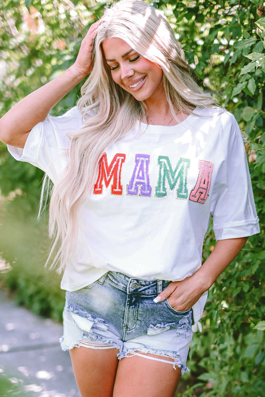 Wit MAMA Chenille gepatcht T-shirt met ronde hals