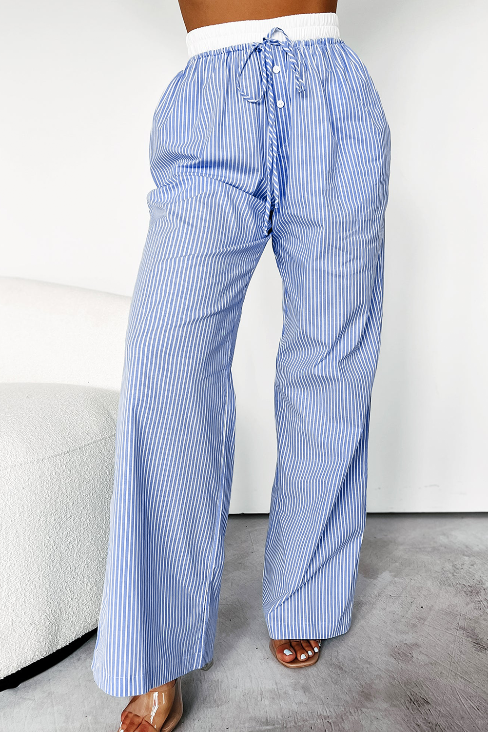 Sky Blue Stripe Wide Leg Buttoned Lace up Elastic High Waist Pants