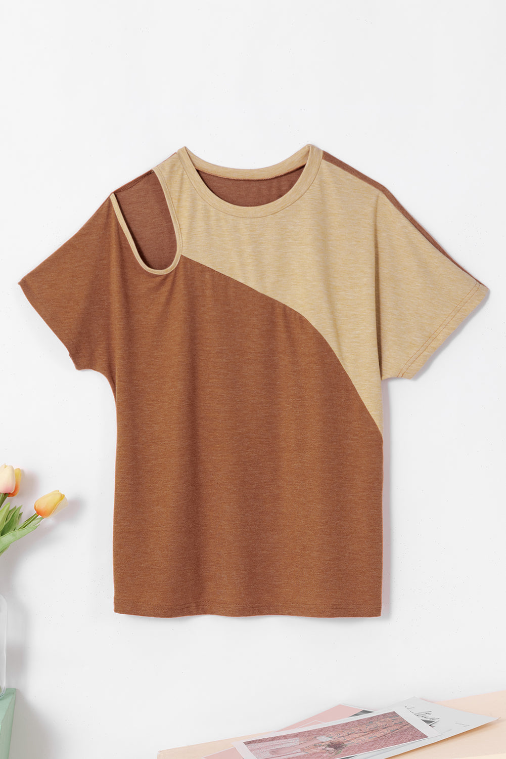 Brown Asymmetric Cut out Colorblock T Shirt